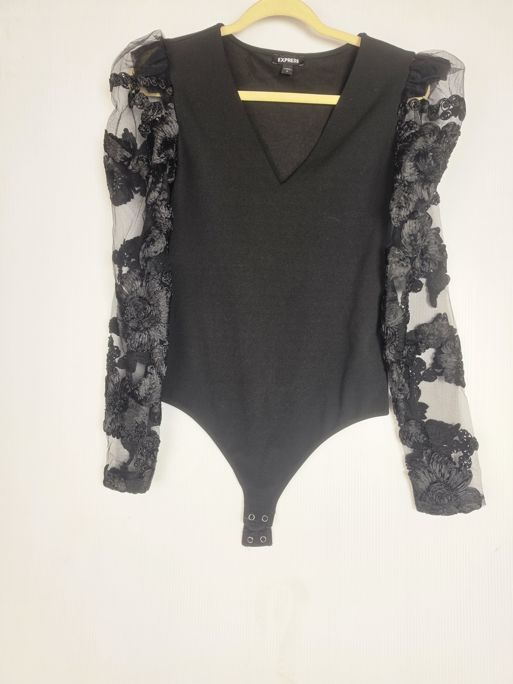 Express Black V-Neck Bodysuit with Sheer Floral Lace Sleeves